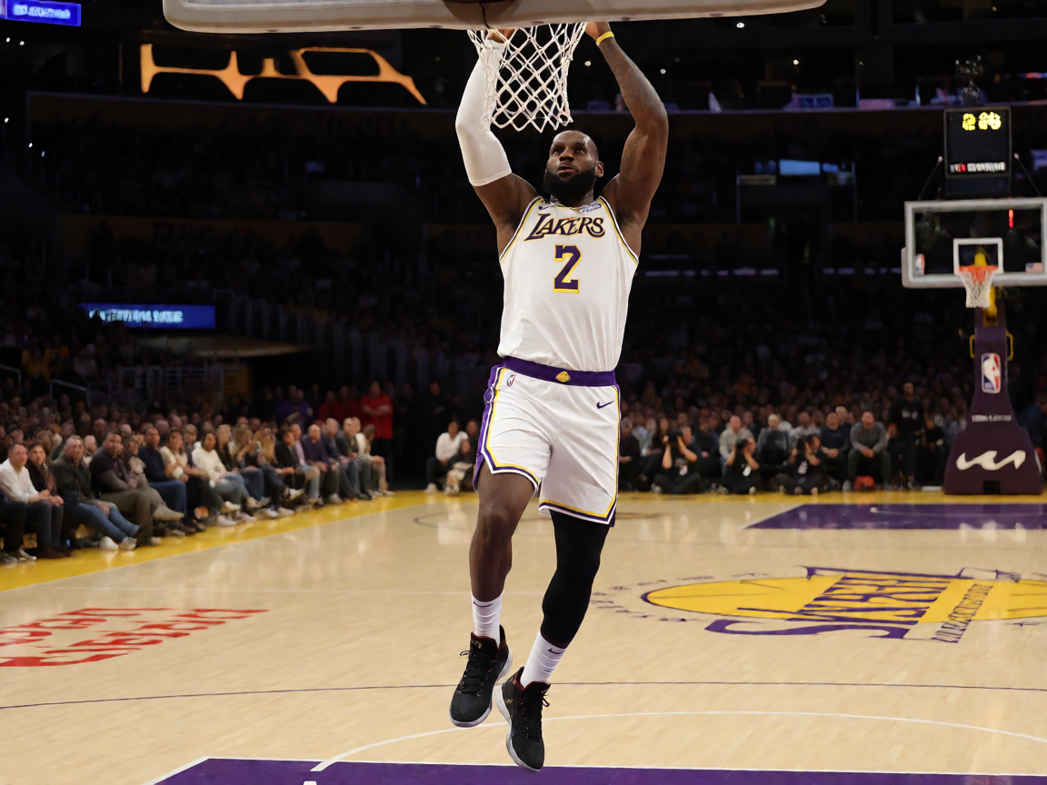 NBA比赛现场照片，球员在空中完成扣篮动作